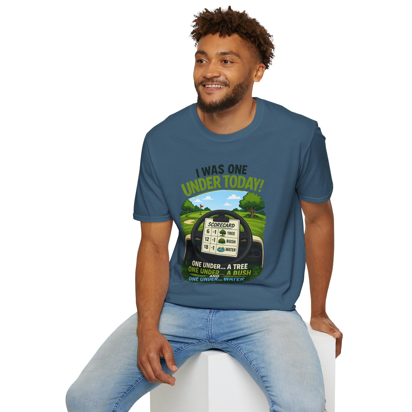 Golf T-Shirt — "I Was One Under Today!" ANIMATED VERSION - Scorecard Golf Humor Shirt