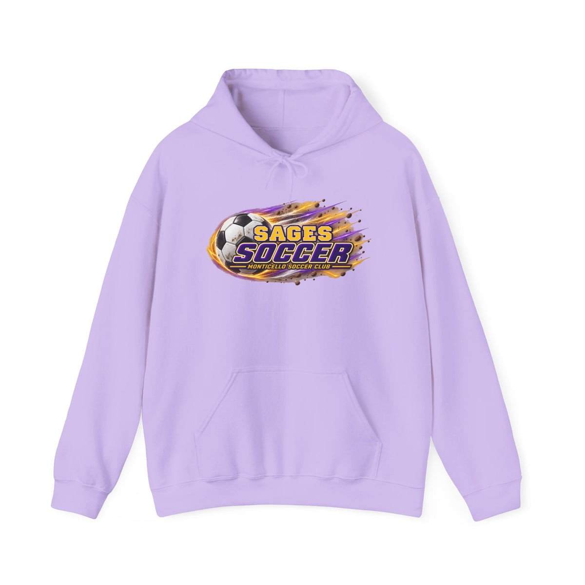 Sages Soccer Hoodie — Purple & Gold Flame Graphic Sweatshirt with Hood