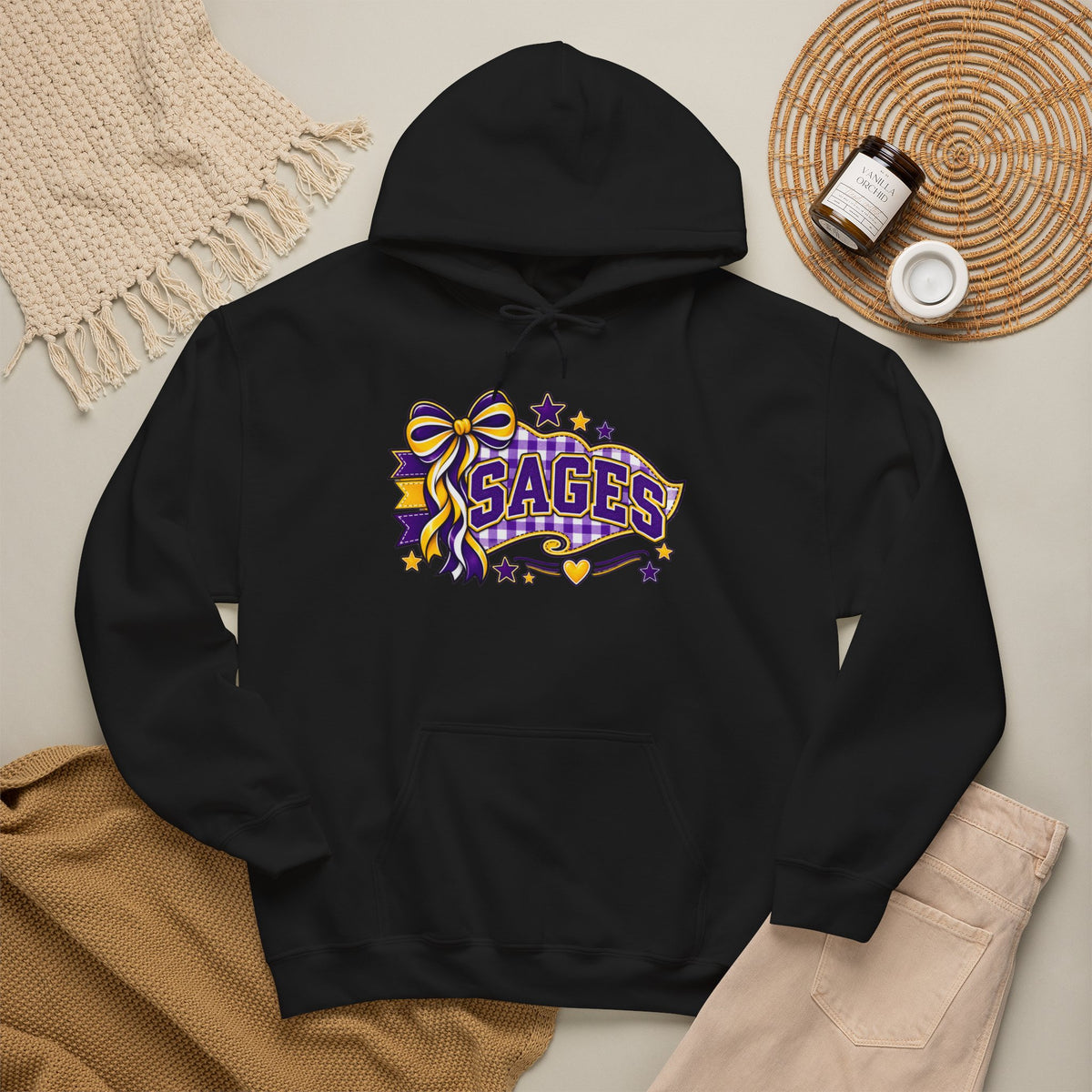 Sages Ribbon Logo Hoodie — Purple & Gold Cheer School Spirit Sweatshirt