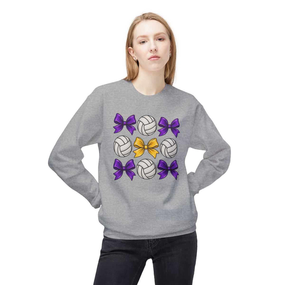 Volleyball & Bows Crewneck Sweatshirt — Purple & Gold Cheer Team Design