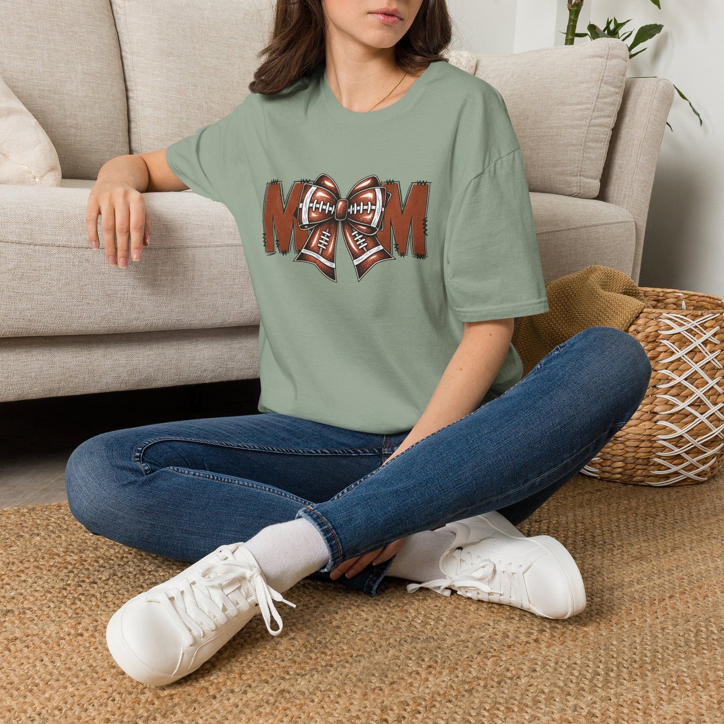 Football Mom T-Shirt — 'MOM' with Football Bow Graphic