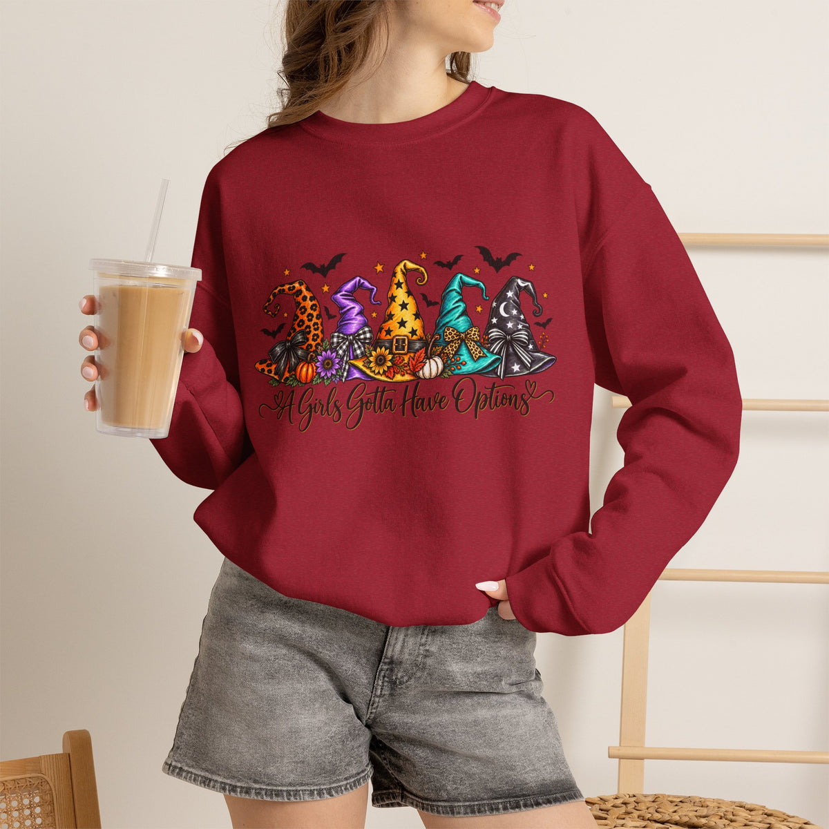 Witch Hat Crewneck Sweatshirt - "A Girls Gotta Have Options" Halloween Pullover
