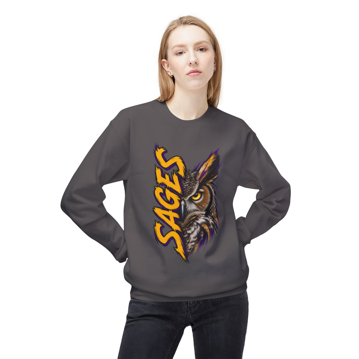 Sages Owl Crewneck Sweatshirt — Bold Vertical Mascot Design