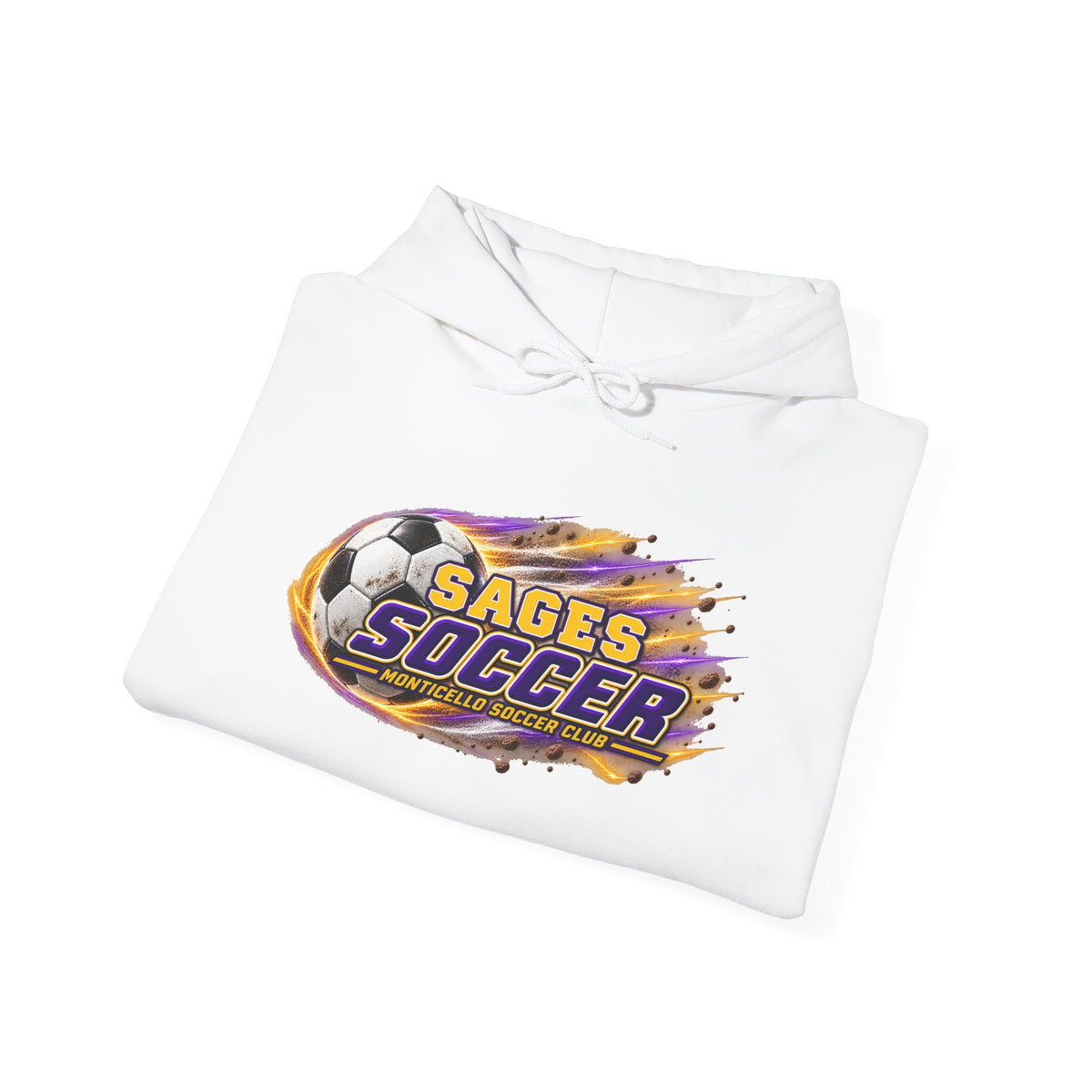 Sages Soccer Hoodie — Purple & Gold Flame Graphic Sweatshirt with Hood
