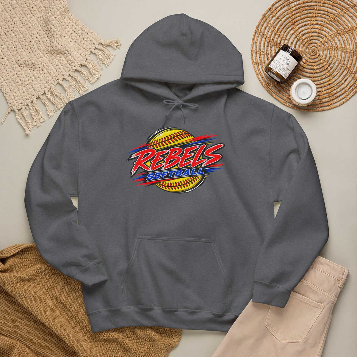 Rebels Softball Hoodie — Retro Yellow Softball Graphic