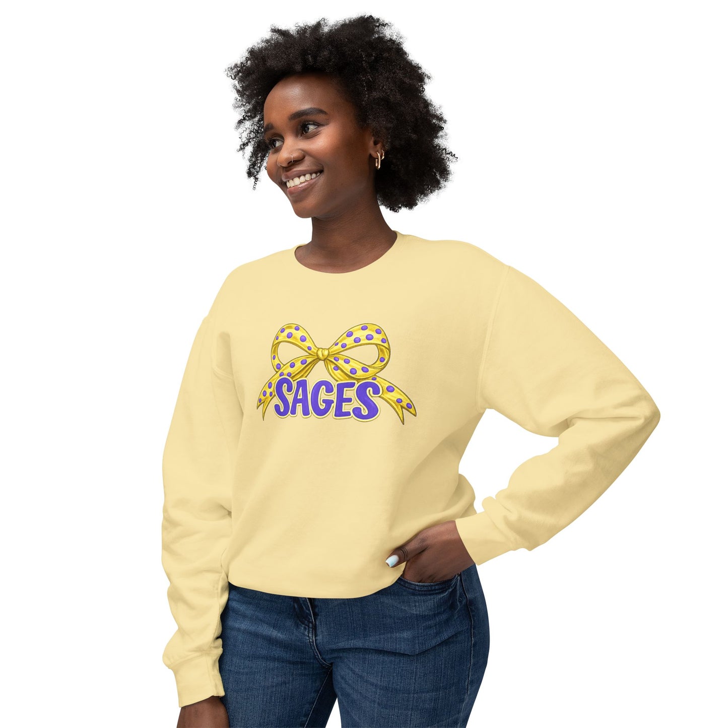 Sages Crewneck Sweatshirt — Yellow Polka Dot Bow Graphic