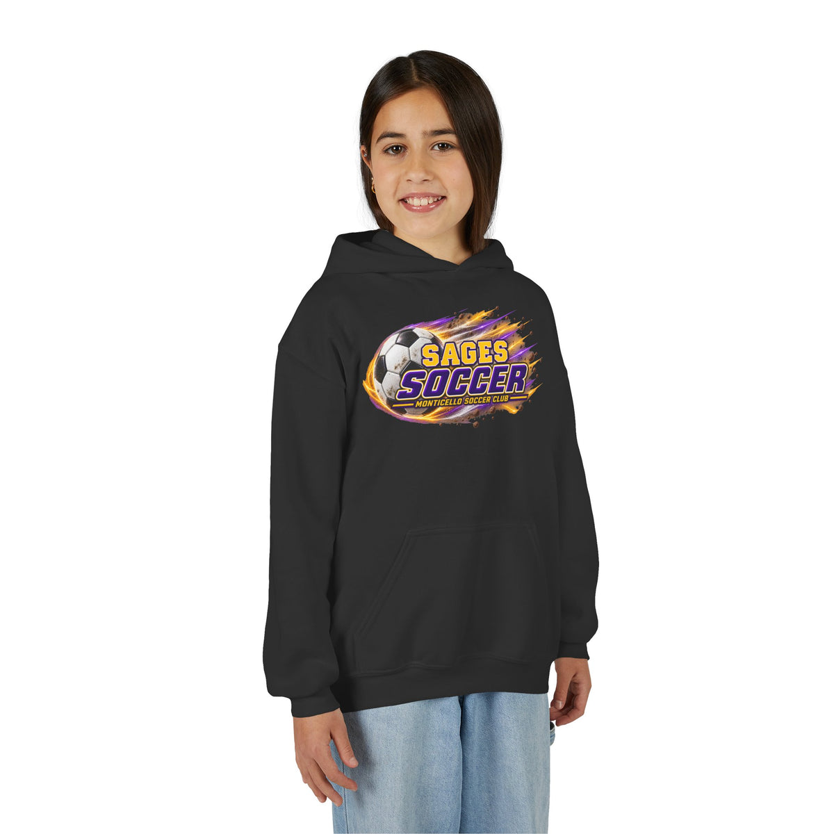 YOUTH Sages Soccer Hoodie — Purple & Gold Flame Graphic Sweatshirt with Hood