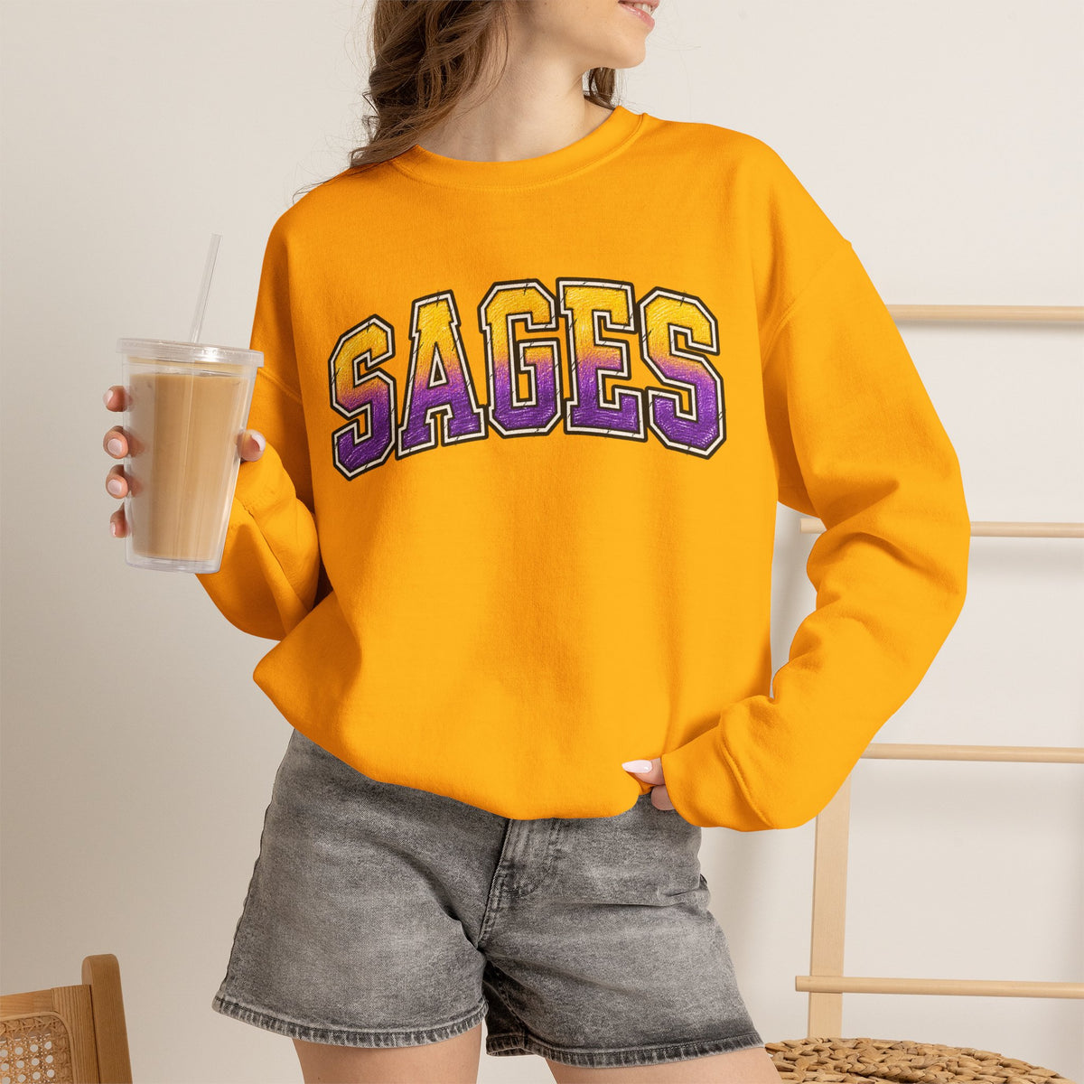 Sages Varsity Crewneck Sweatshirt — Retro Purple & Gold Collegiate Pullover