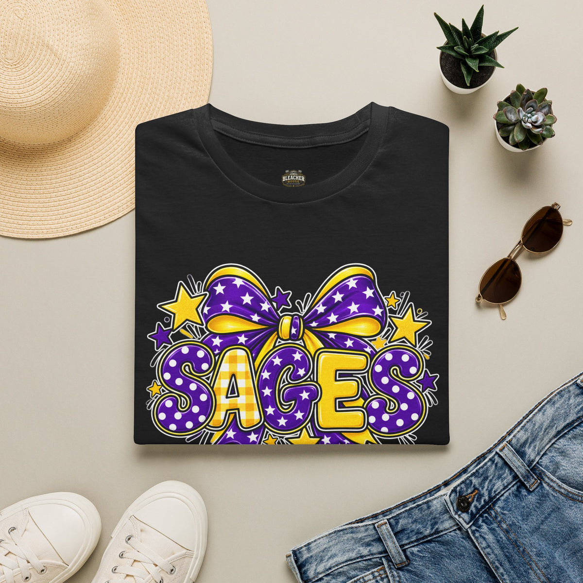 Sages T-Shirt — SAGES Cheer Bow Graphic Tee (Purple & Gold Stars)