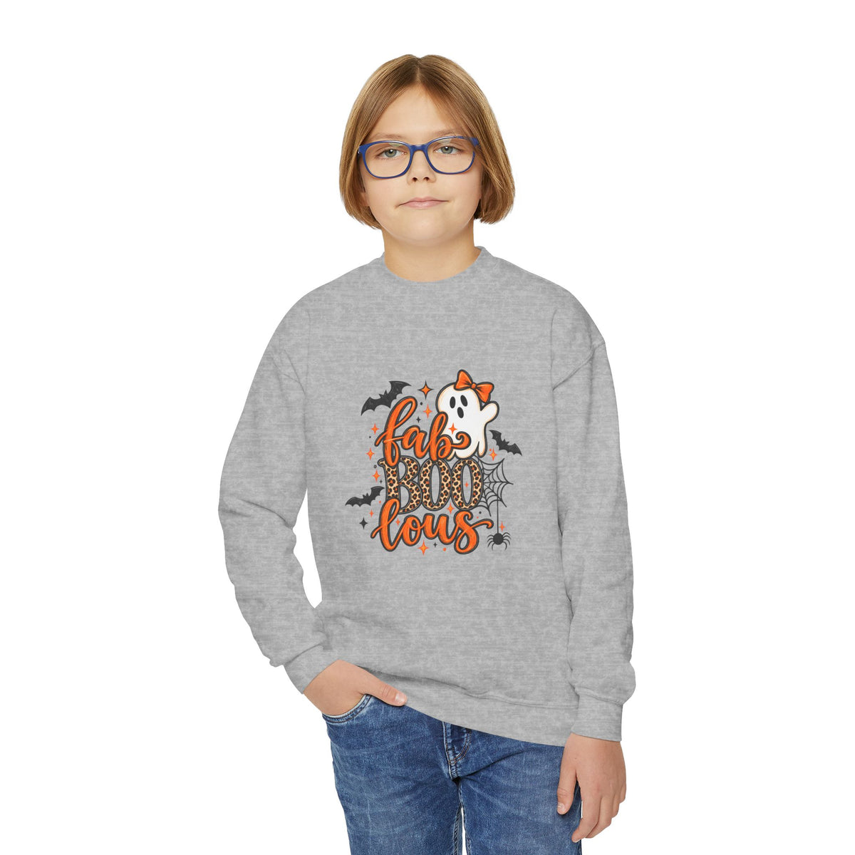 Youth Halloween Crewneck Sweatshirt - "Fabulous" Ghost & Bats Graphic