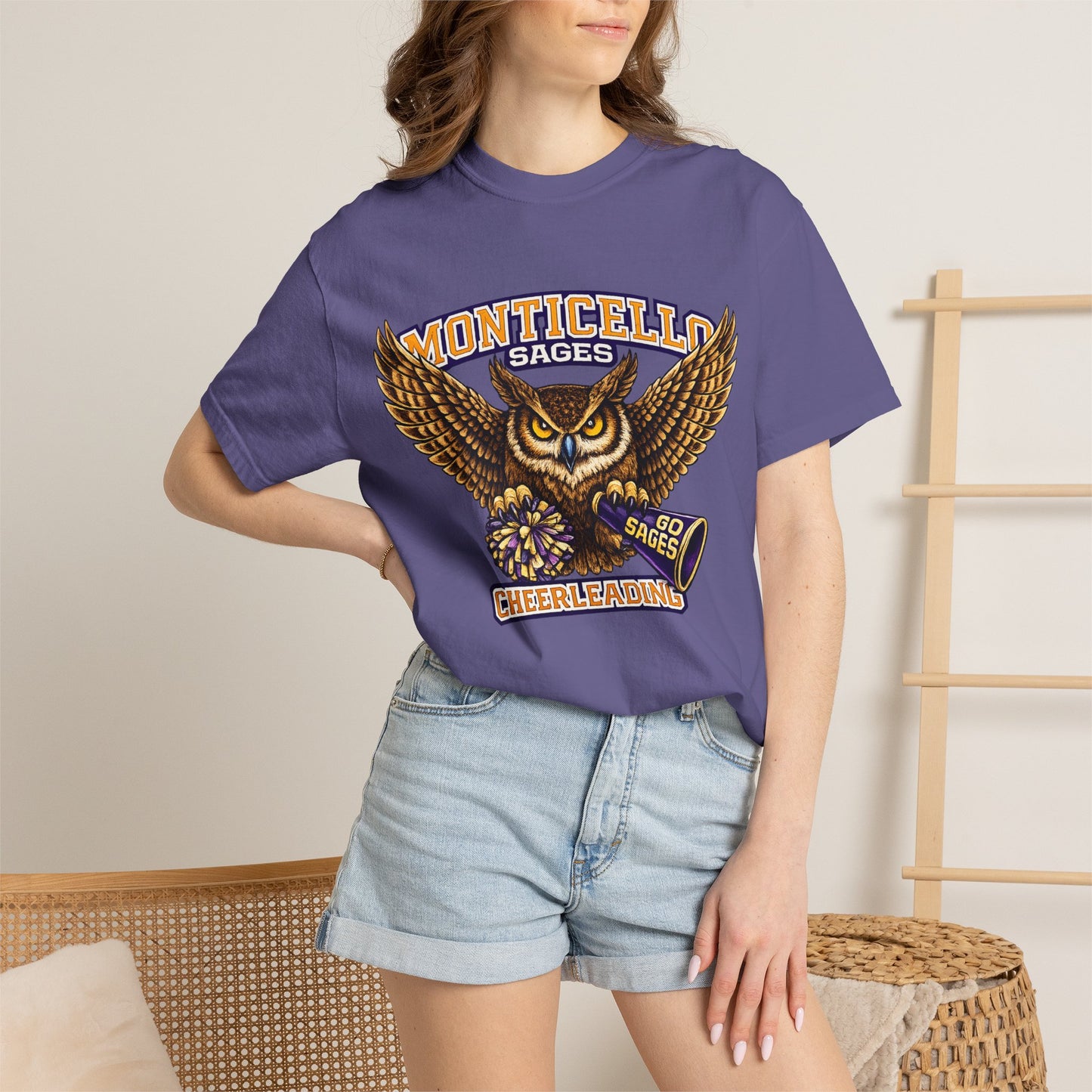 Monticello Sages Cheerleading T-shirt - Vintage Owl & Wings Team Tee
