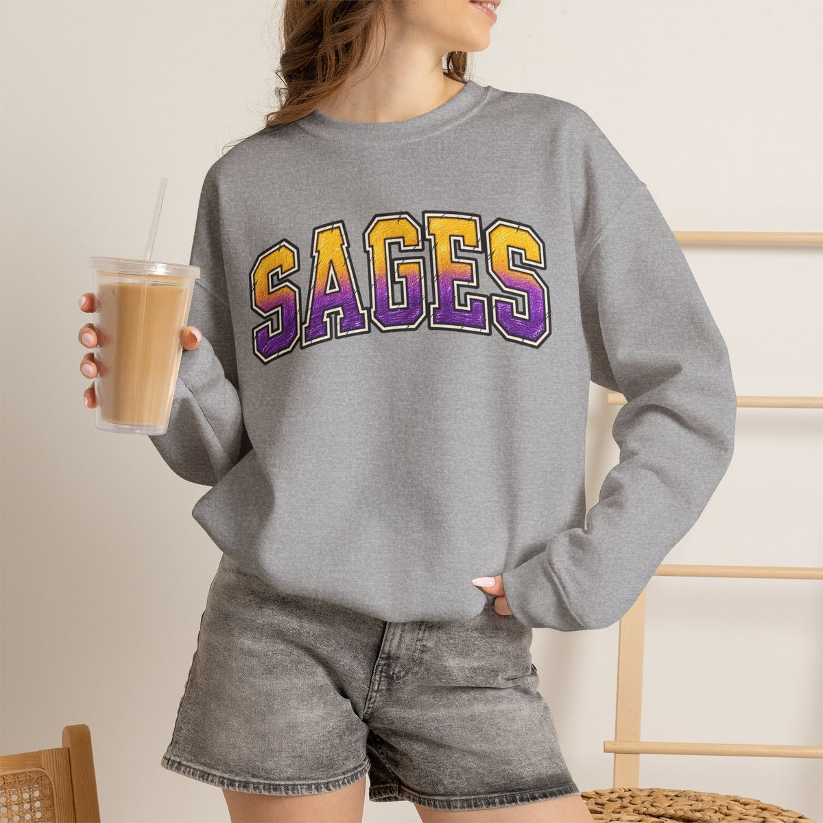Sages Varsity Crewneck Sweatshirt — Retro Purple & Gold Collegiate Pullover