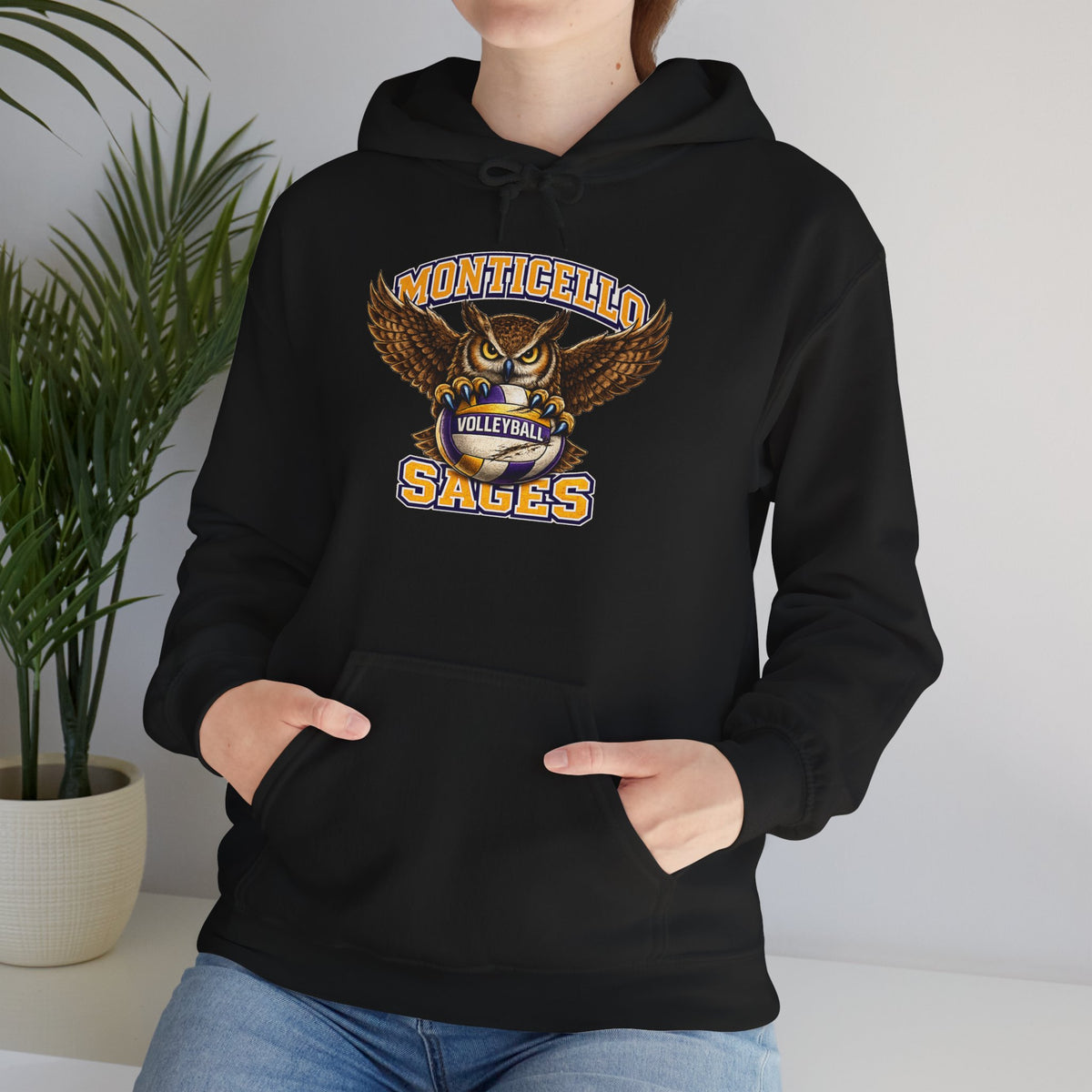 Monticello Sages Volleyball Hoodie — Wingspread Owl Mascot School Sweatshirt