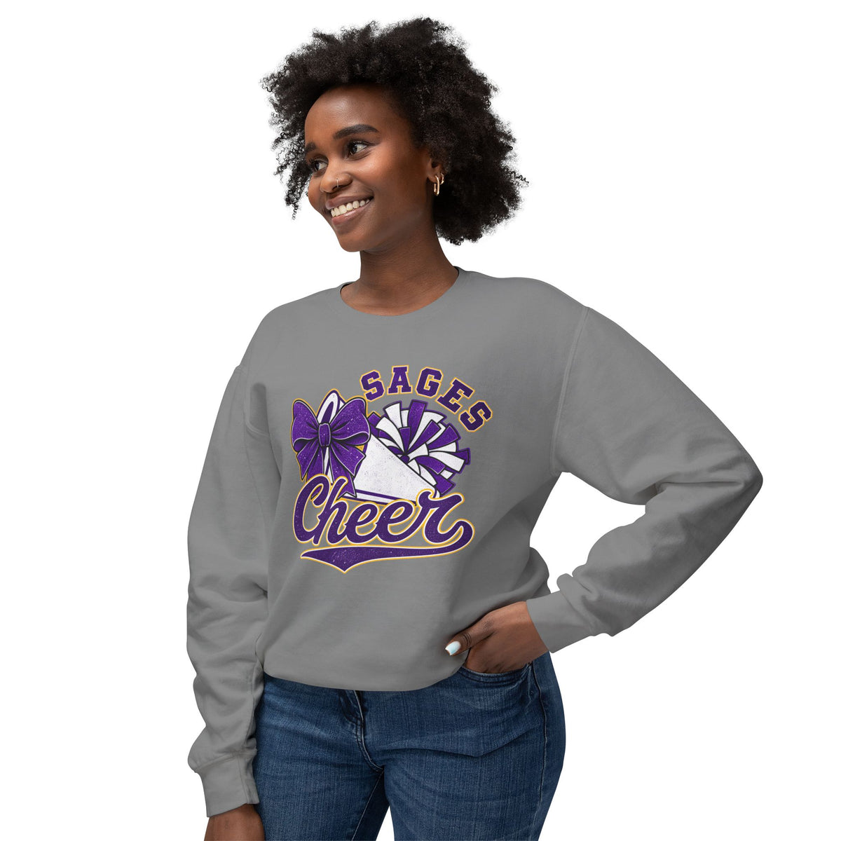 Sages Cheer Crewneck Sweatshirt — Purple Pom-Pom & Bow Cheerleader Pullover