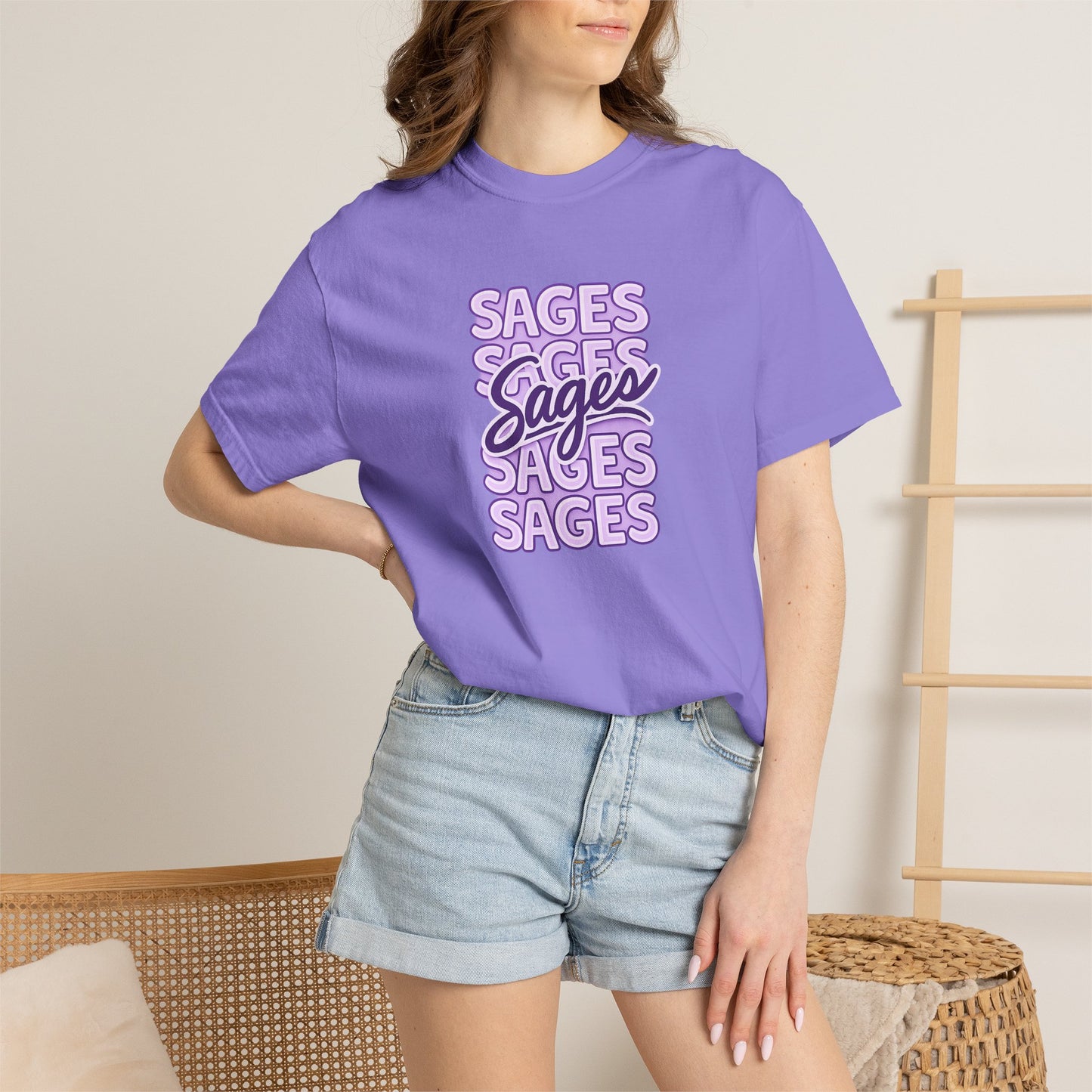 Sages Retro Stacked Text T-Shirt — Lavender Graphic Tee