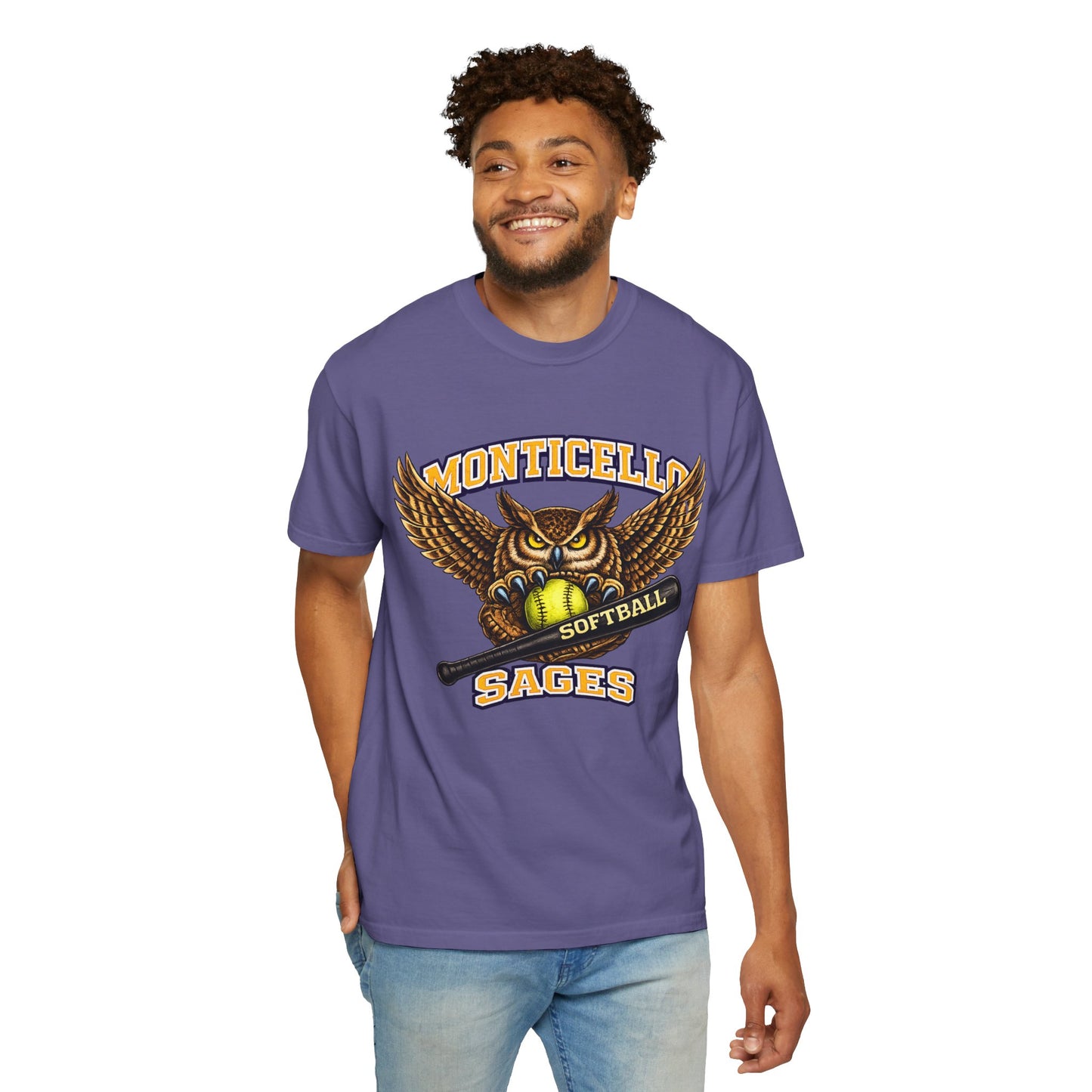 Monticello Sages Softball T-Shirt — Vintage Owl & Wings Team Tee