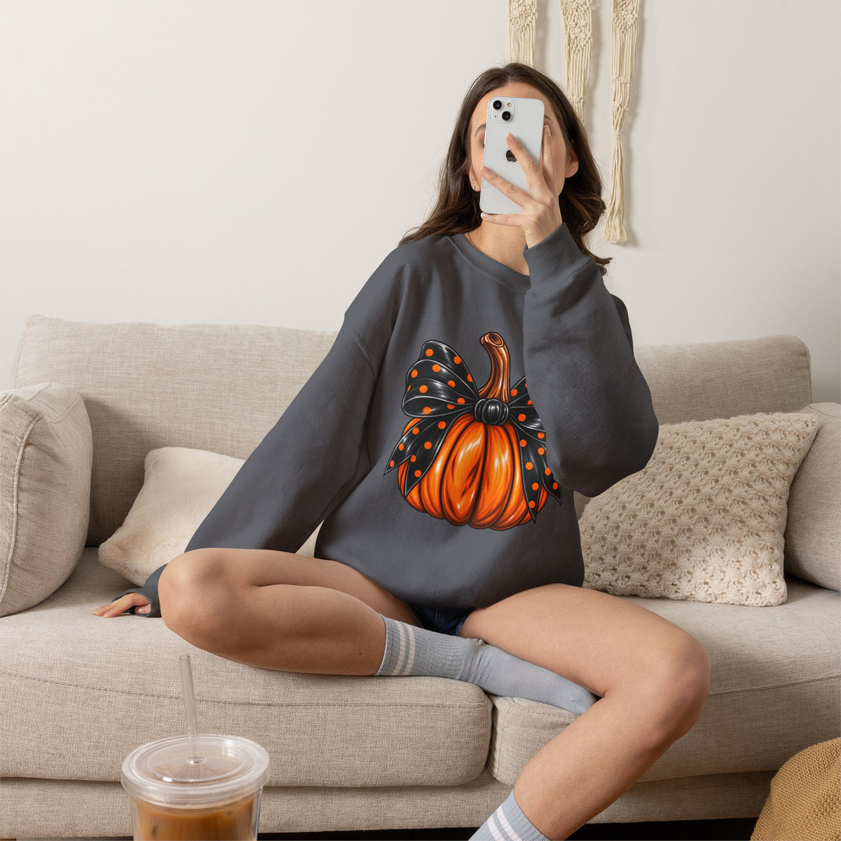 Pumpkin Bow Crewneck Sweatshirt — Cute Halloween Pumpkin Graphic