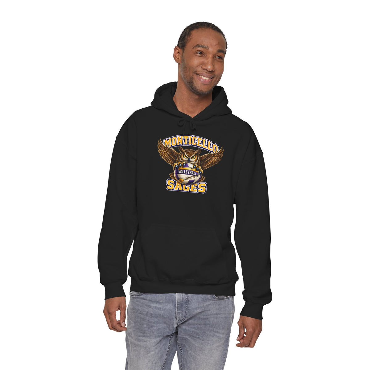 Monticello Sages Volleyball Hoodie — Wingspread Owl Mascot School Sweatshirt