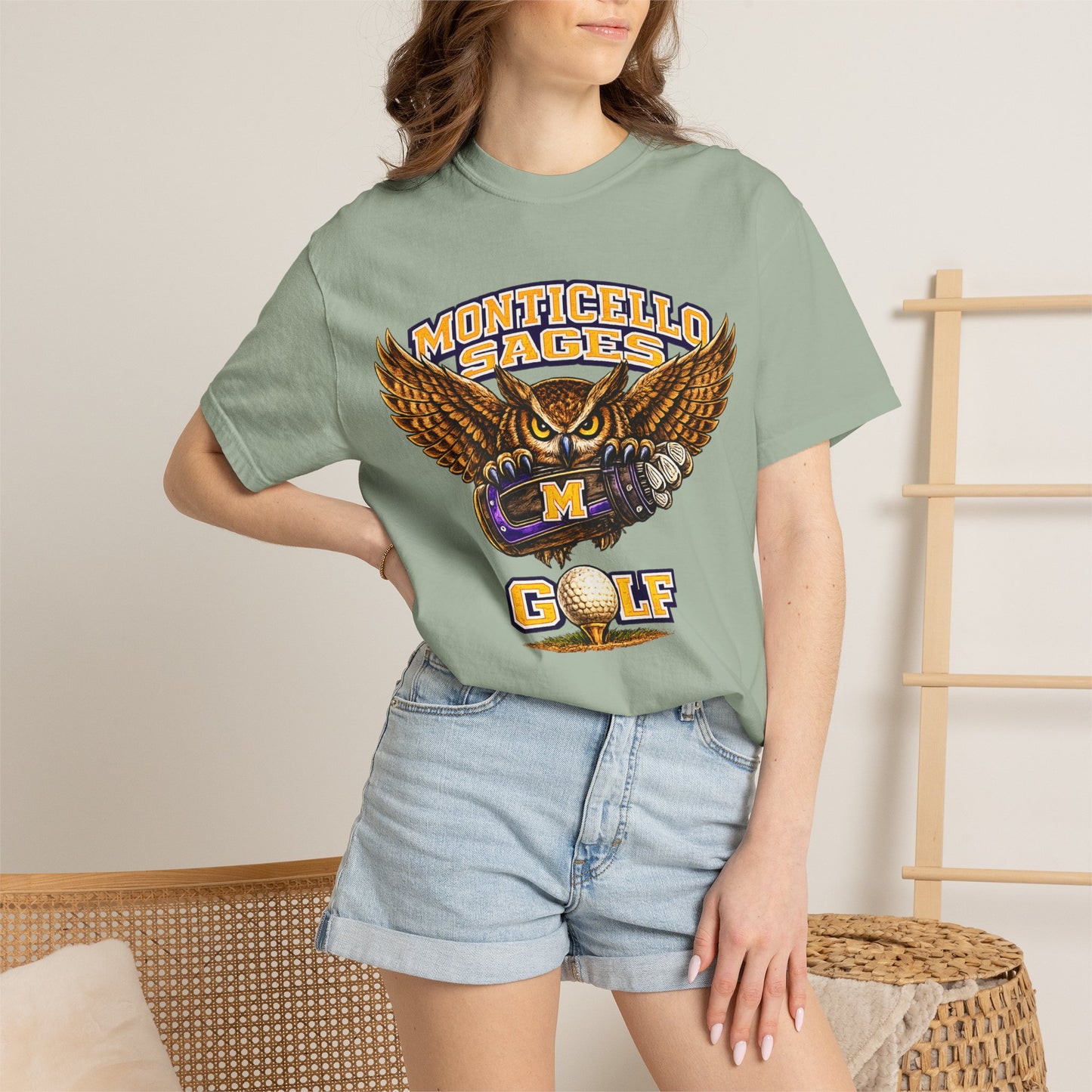 Monticello Sages Golf T-Shirt — Vintage Owl & Wings Team Tee