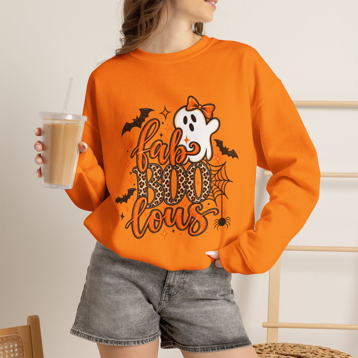 FabBOOlous Halloween Sweatshirt — Cute Ghost, Bats & Spiderweb Fall Crewneck