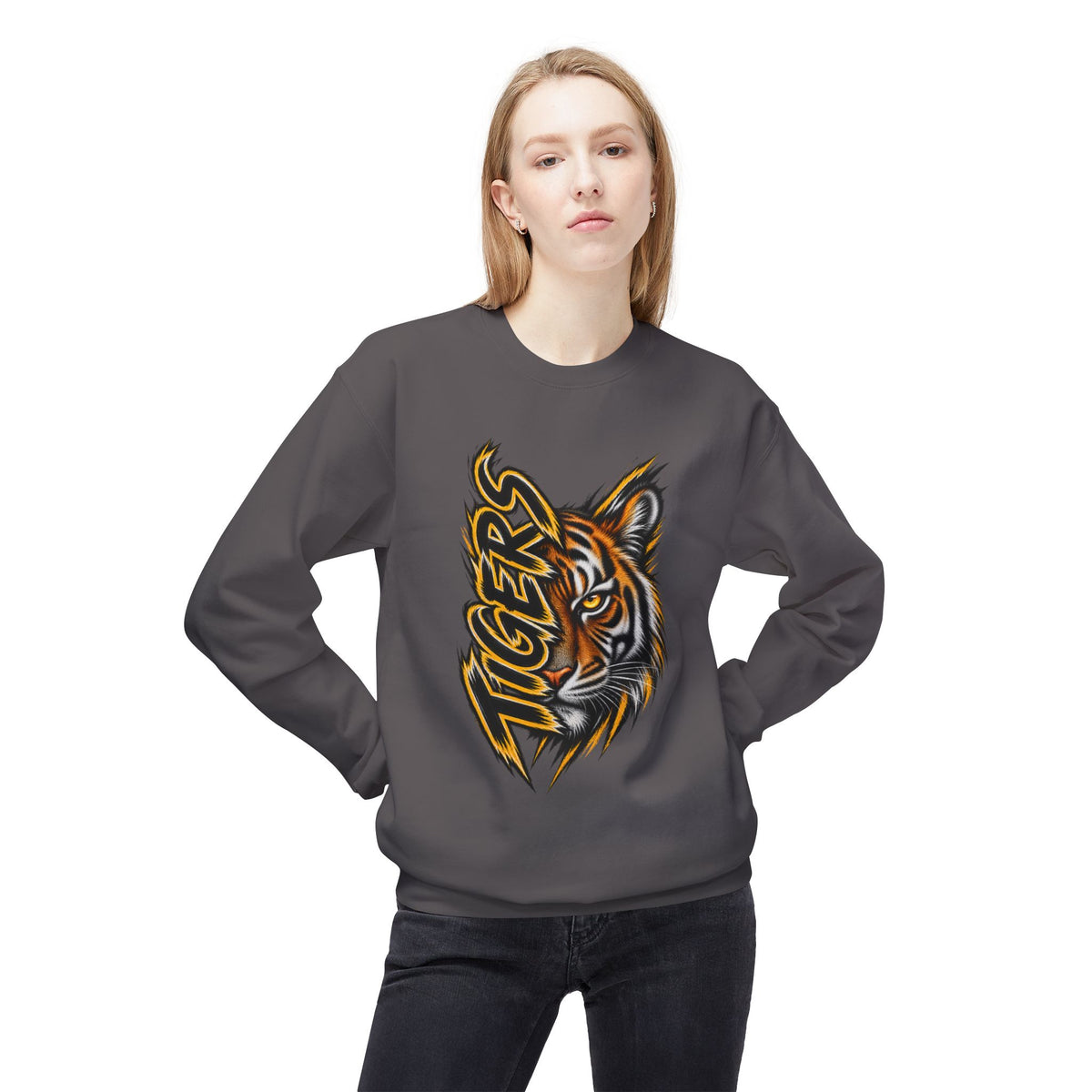Tiger Head Crewneck Sweatshirt – Graphic ‘Tigers’ Mascot Pullover