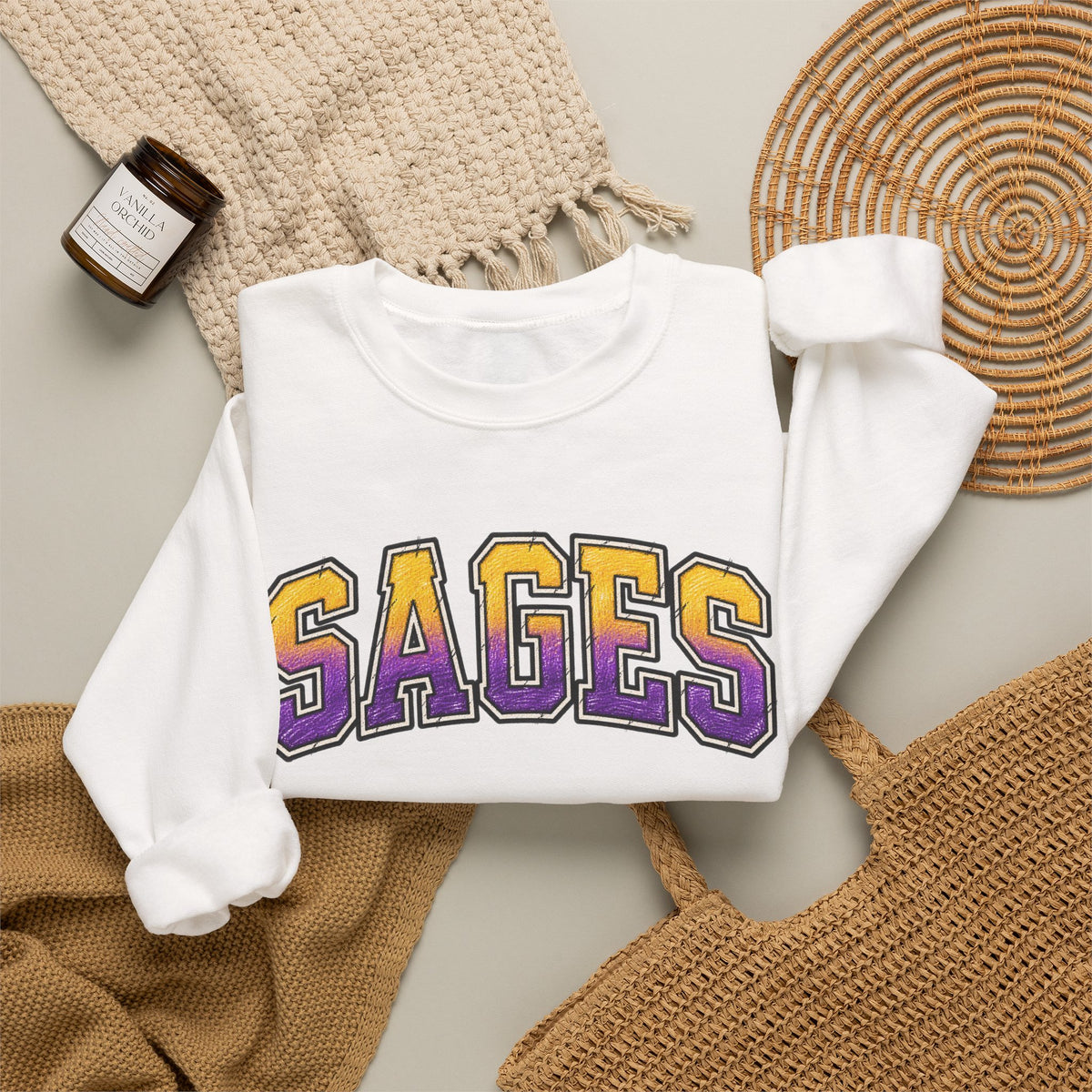 Sages Varsity Crewneck Sweatshirt — Retro Purple & Gold Collegiate Pullover