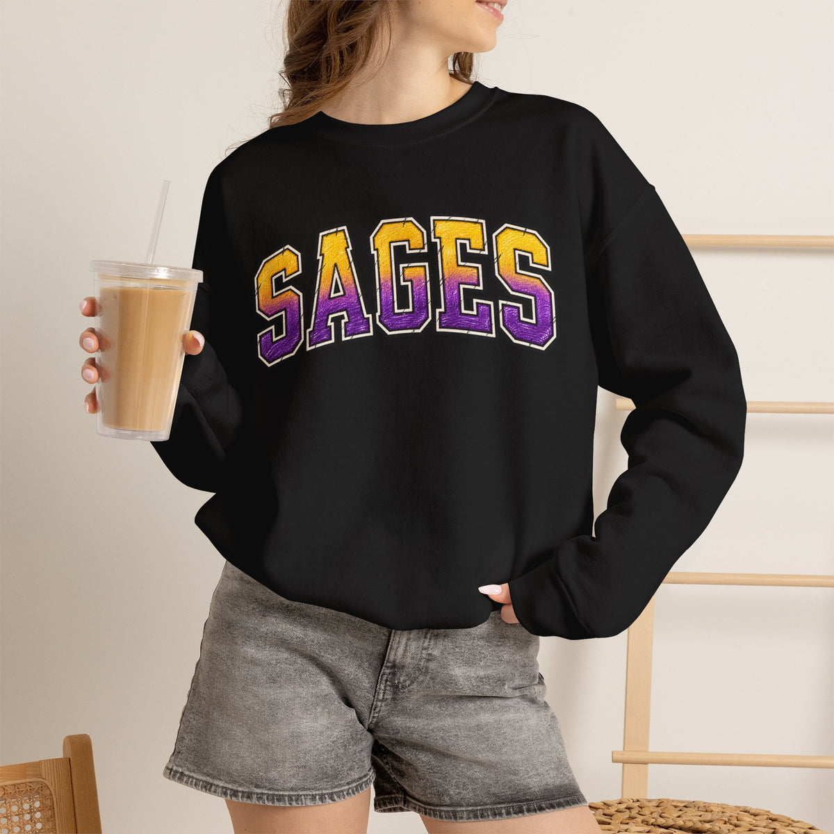 Sages Varsity Crewneck Sweatshirt — Retro Purple & Gold Collegiate Pullover