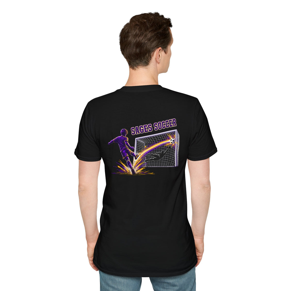 Monticello Soccer Club Graphic Goal T Shirt - Crest on Front, Graphic Soccer Goal On Back