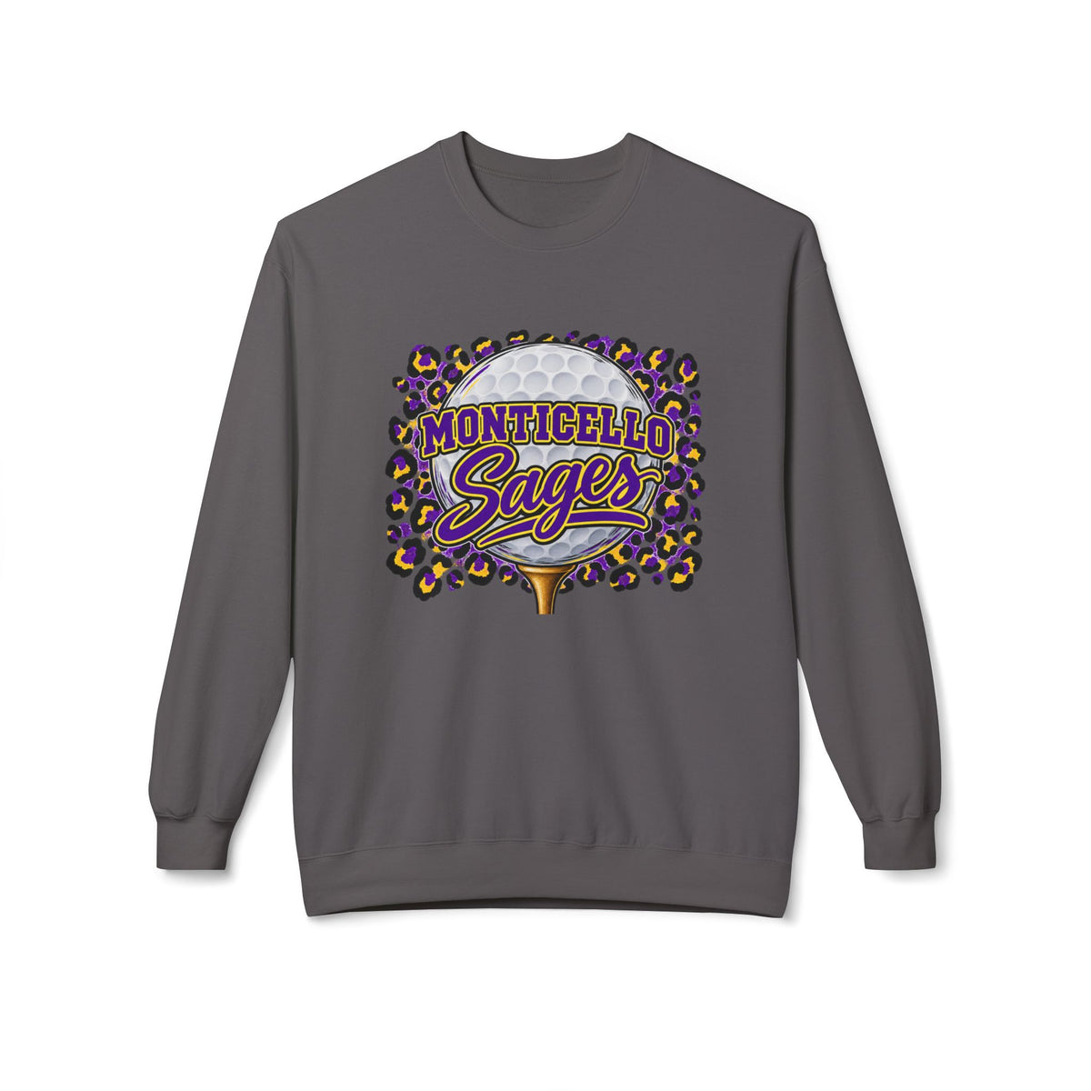 Monticello Sages Golf Crewneck Sweatshirt — Leopard Pom-Pom Spirit Wear