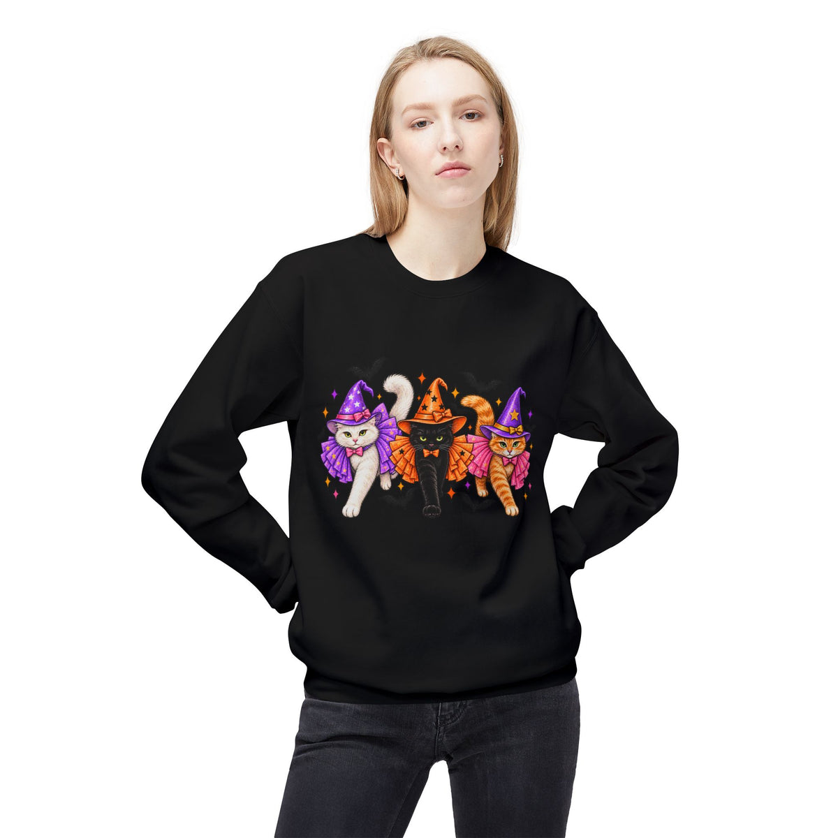 Halloween Cats Crewneck Sweatshirt — Cute Witch Cat Trio Graphic