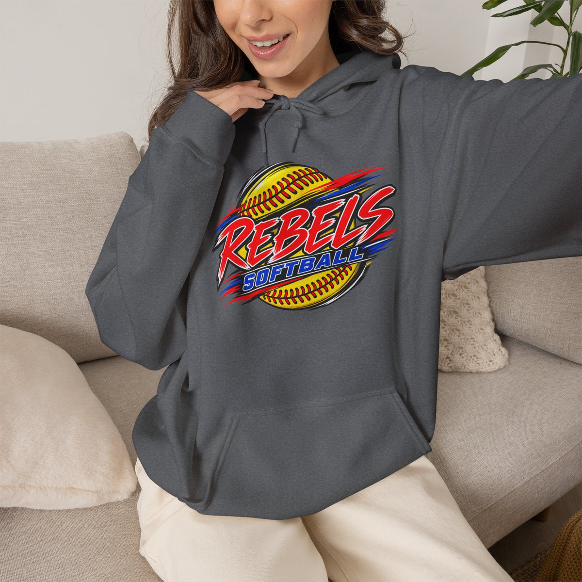 Rebels Softball Hoodie — Retro Yellow Softball Graphic