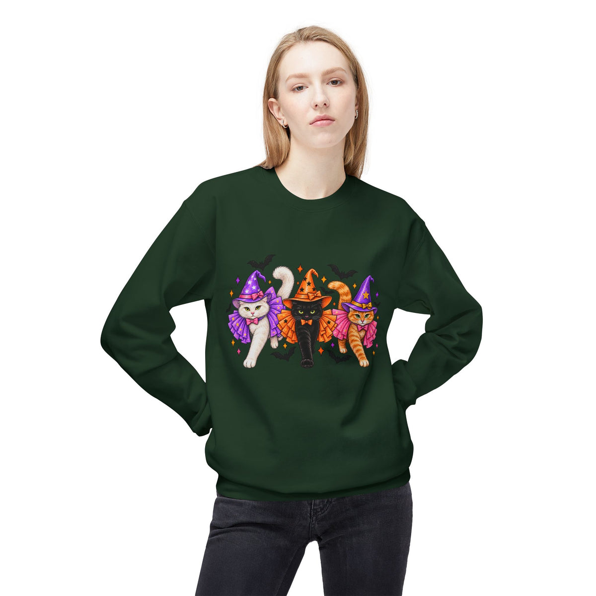 Halloween Cats Crewneck Sweatshirt — Cute Witch Cat Trio Graphic