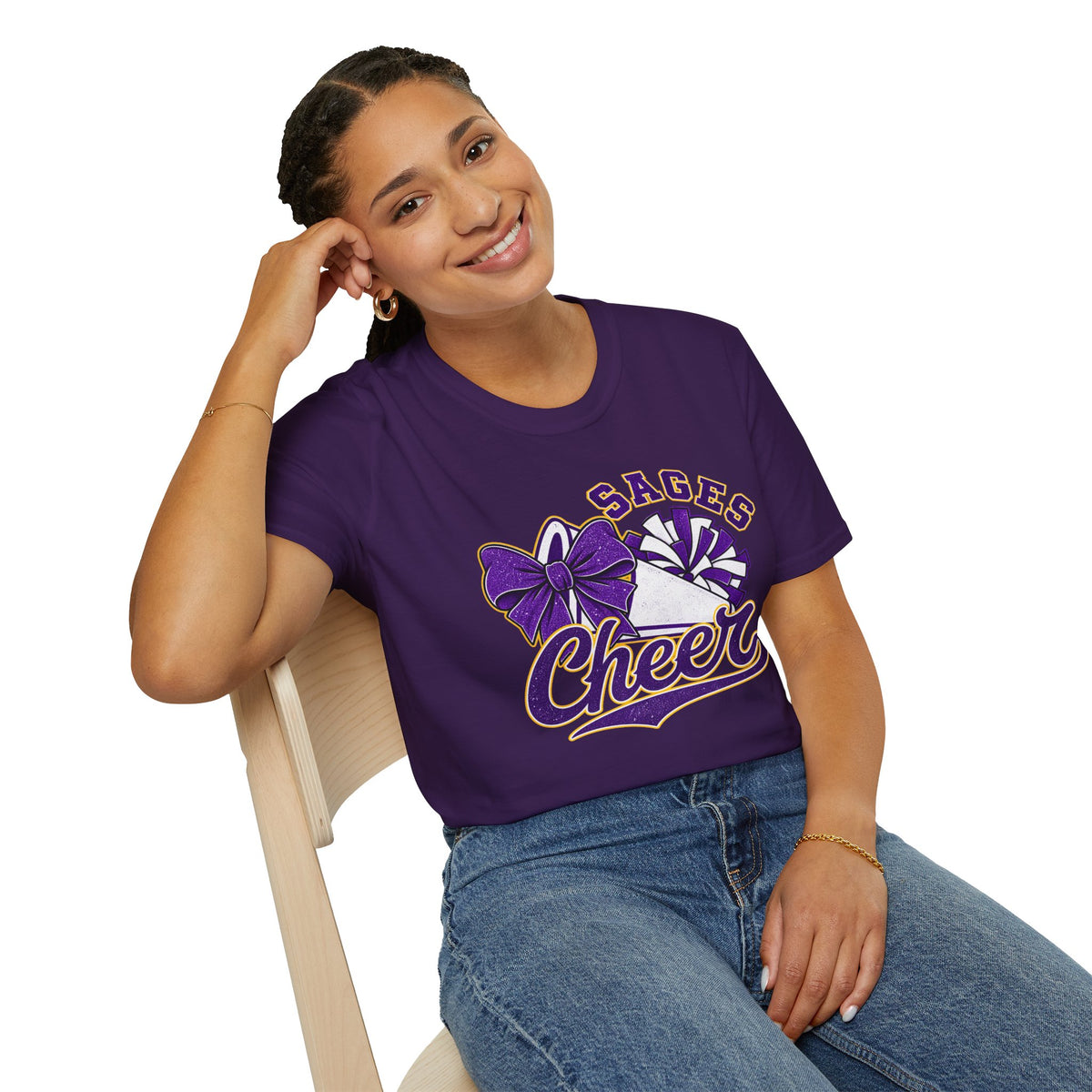 Sages Cheer T‑Shirt — Purple Bow & Pom Design