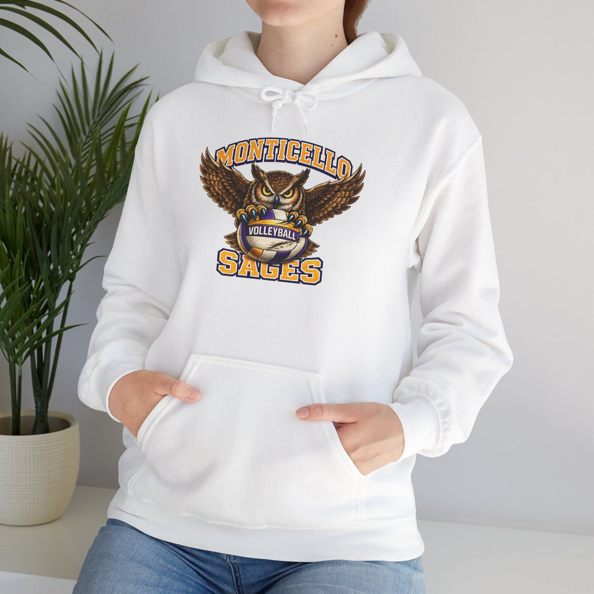 Monticello Sages Volleyball Hoodie — Wingspread Owl Mascot School Sweatshirt