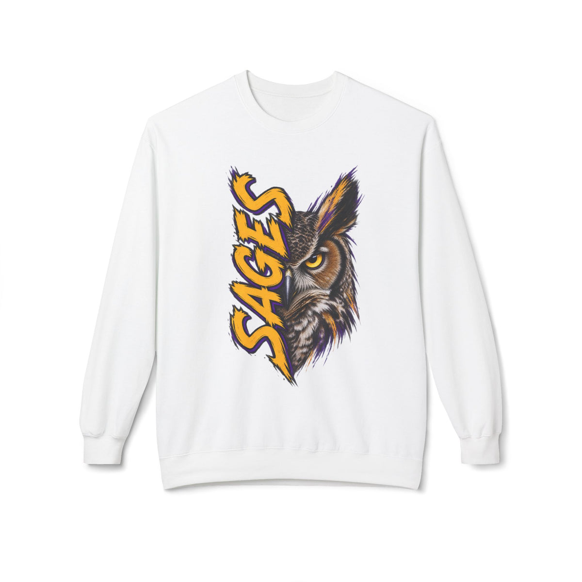 Sages Owl Crewneck Sweatshirt — Bold Vertical Mascot Design