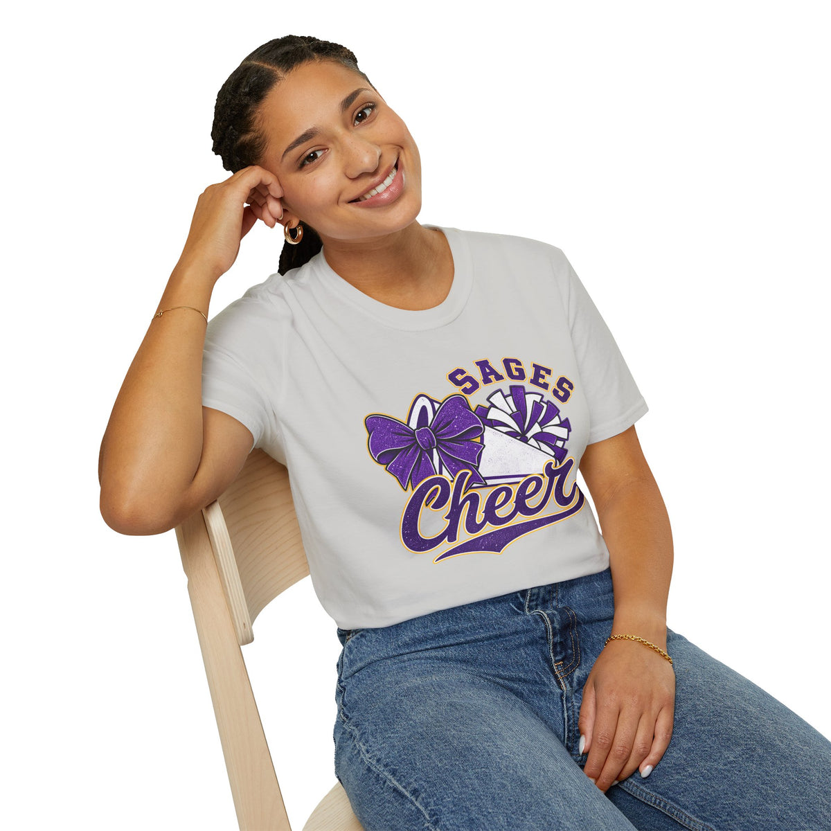 Sages Cheer T‑Shirt — Purple Bow & Pom Design
