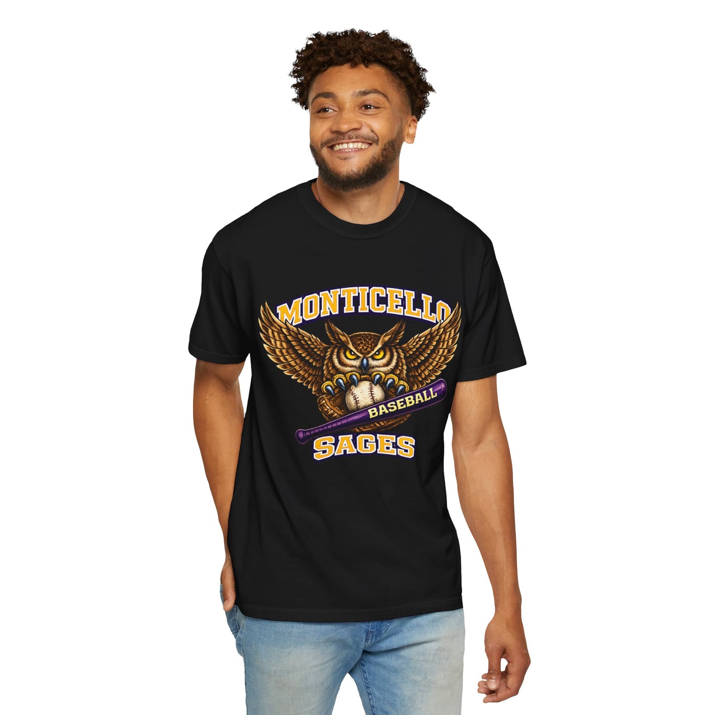Monticello Sages Baseball T-Shirt — Vintage Owl & Wings Team Tee