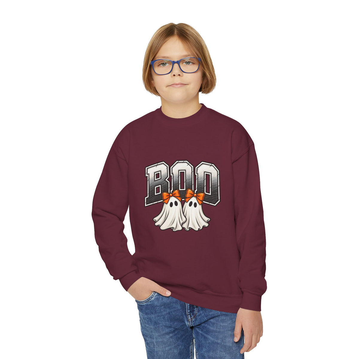 Youth Crewneck Sweatshirt — 'BOO' Ghost Trio Halloween Pullover
