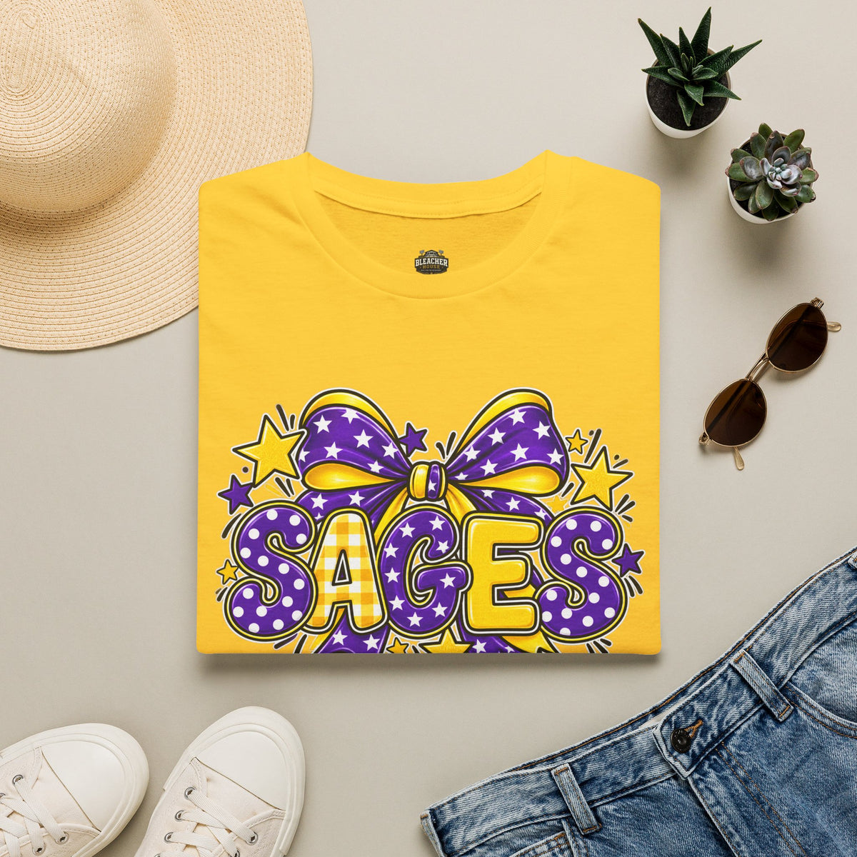 Sages T-Shirt — SAGES Cheer Bow Graphic Tee (Purple & Gold Stars)