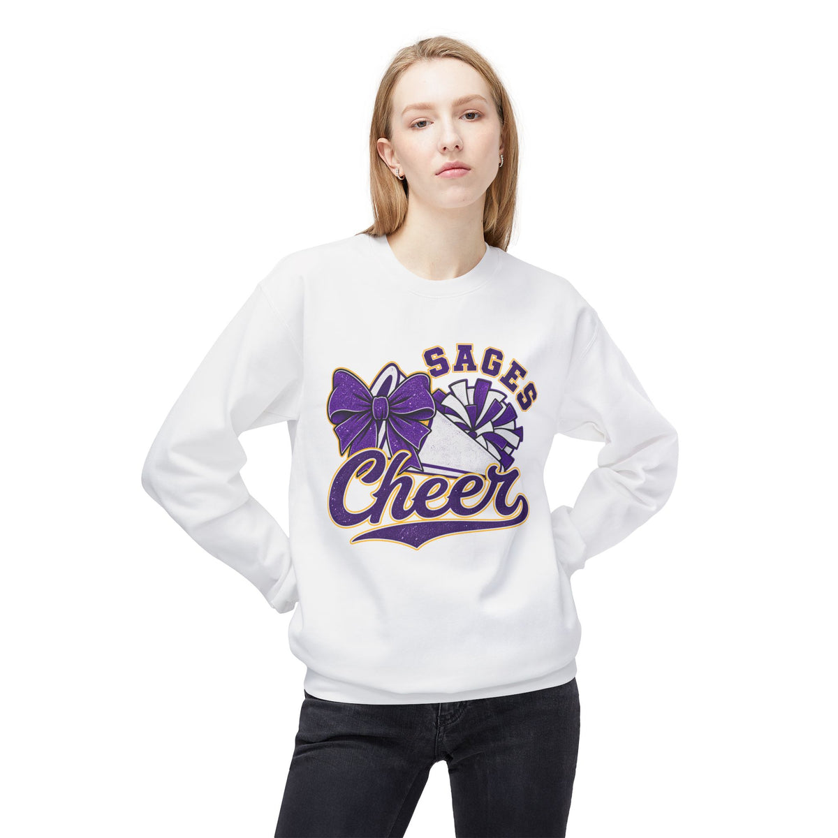 Sages Cheer Crewneck Sweatshirt - Purple Bow & Pom Design