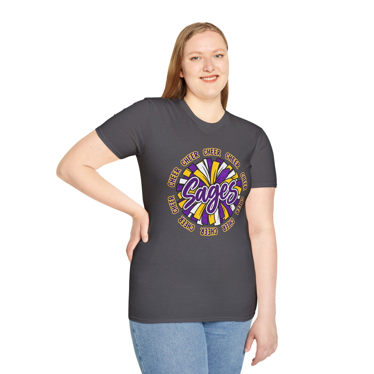 Sages Cheer T-Shirt — Purple & Gold Pom Design
