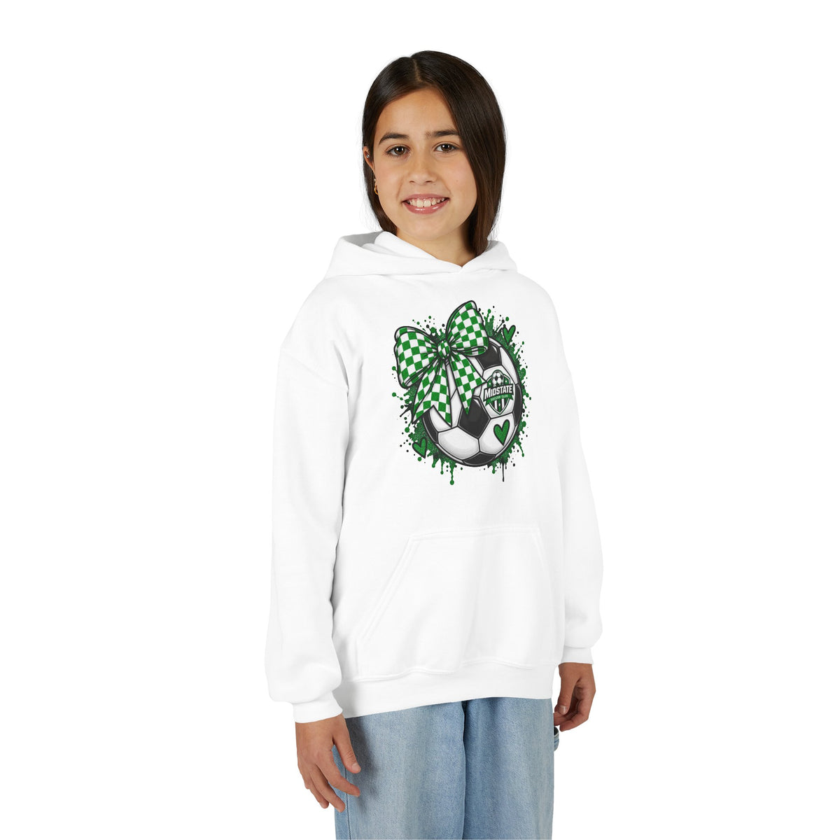 Youth Midstate Hoodie — St. Patrick's Soccer Shamrock Bow Graphic