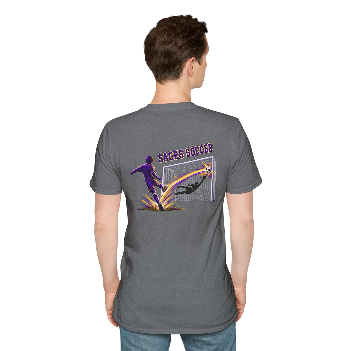Monticello Soccer Club Graphic Goal T Shirt - Crest on Front, Graphic Soccer Goal On Back