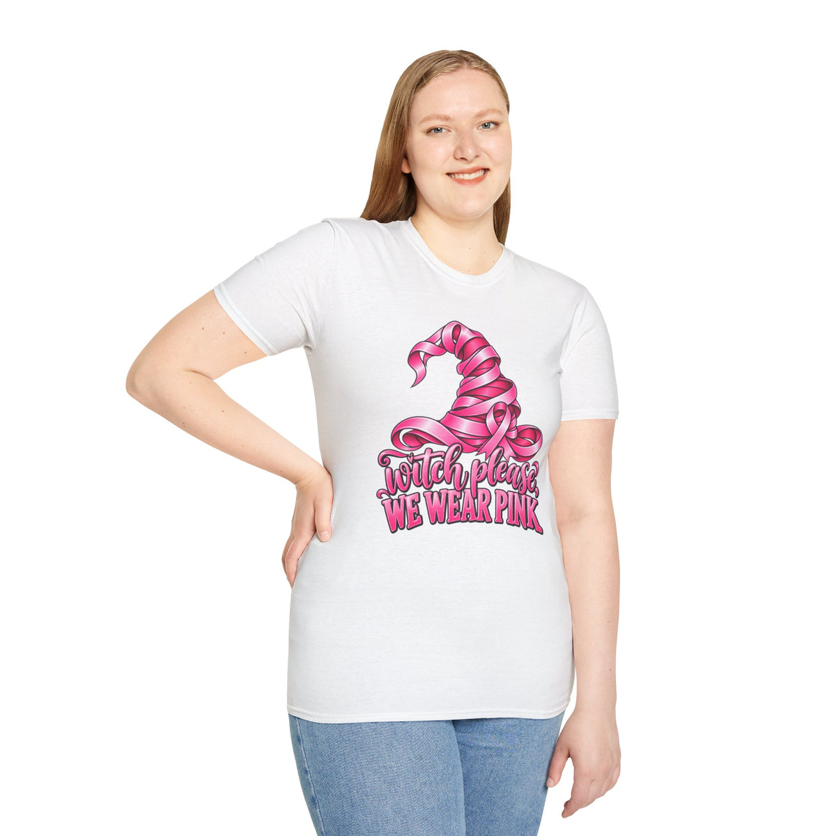 Witch Please We Wear Pink T-Shirt — Pink Witch Hat Breast Cancer Awareness Tee