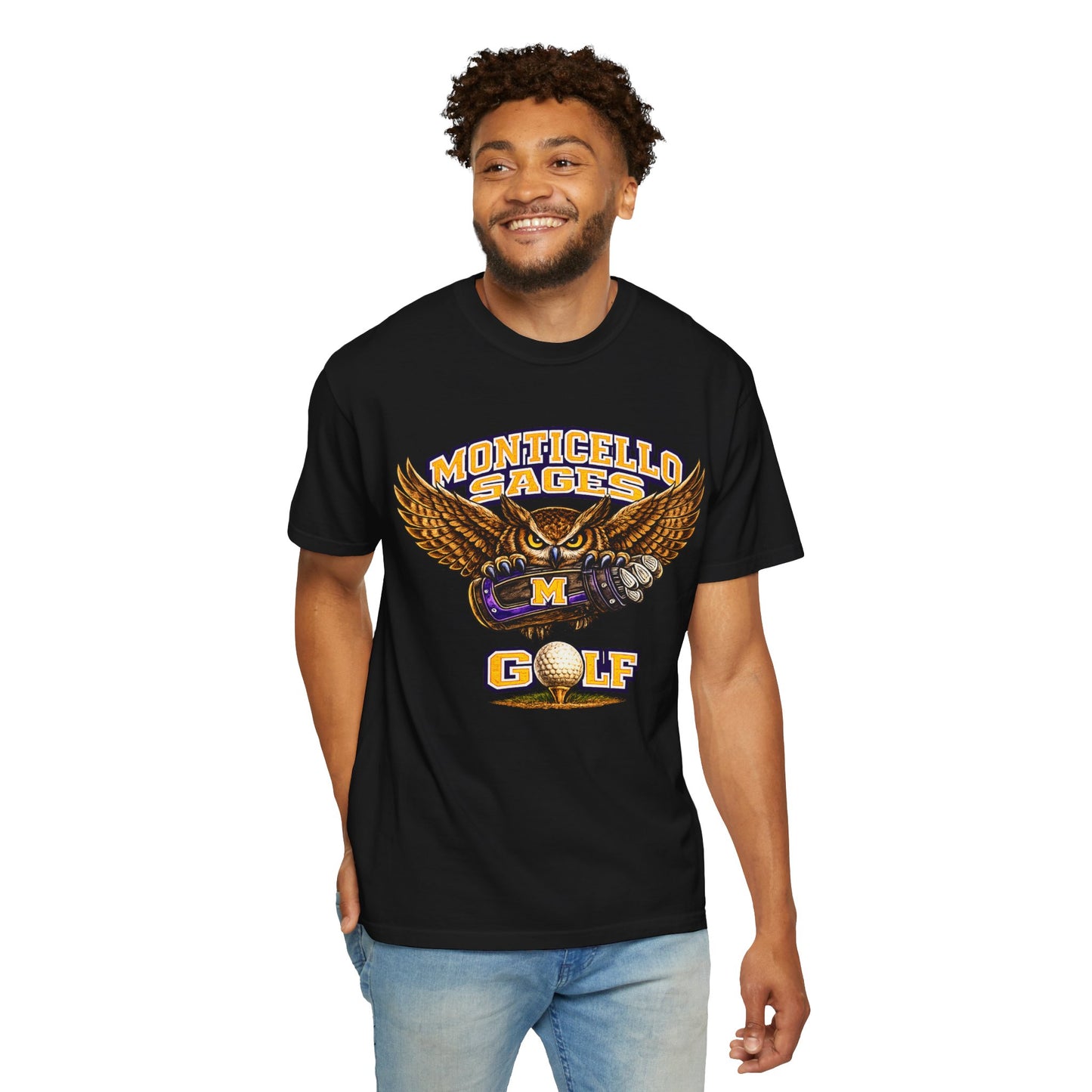 Monticello Sages Golf T-Shirt — Vintage Owl & Wings Team Tee