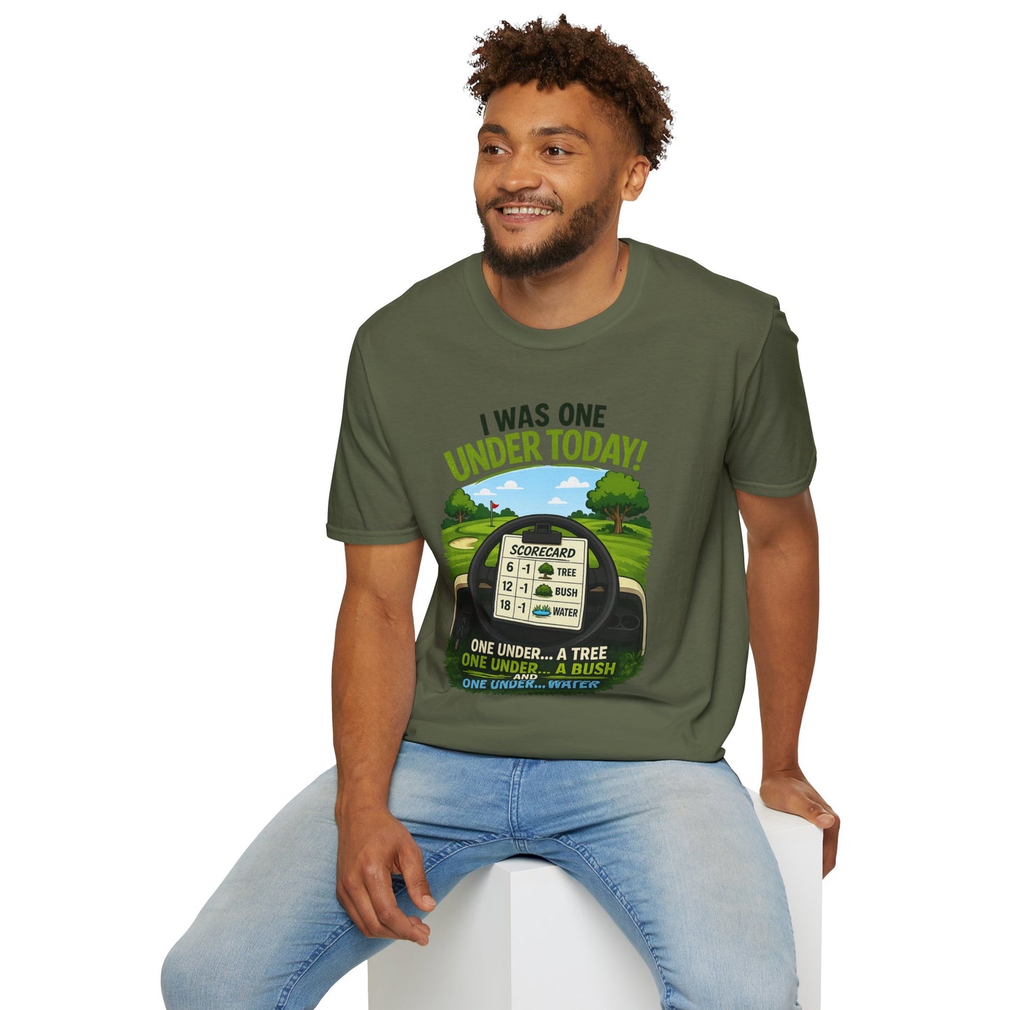 Golf T-Shirt — "I Was One Under Today!" ANIMATED VERSION - Scorecard Golf Humor Shirt
