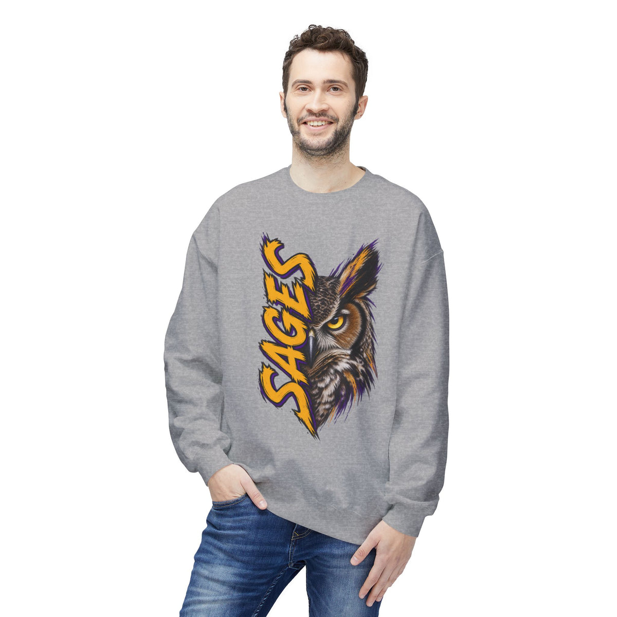 Sages Owl Crewneck Sweatshirt — Bold Vertical Mascot Design