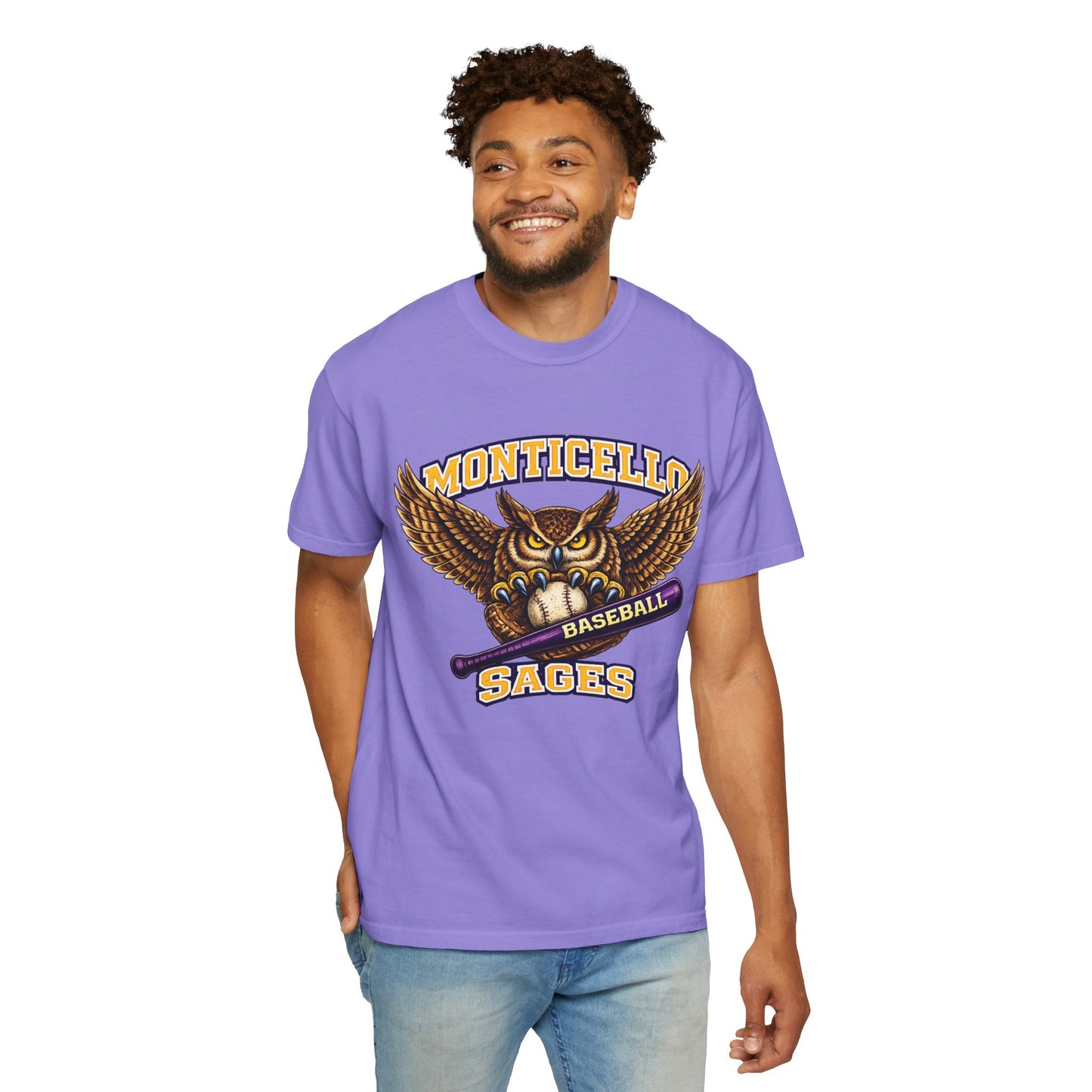 Monticello Sages Baseball T-Shirt — Vintage Owl & Wings Team Tee