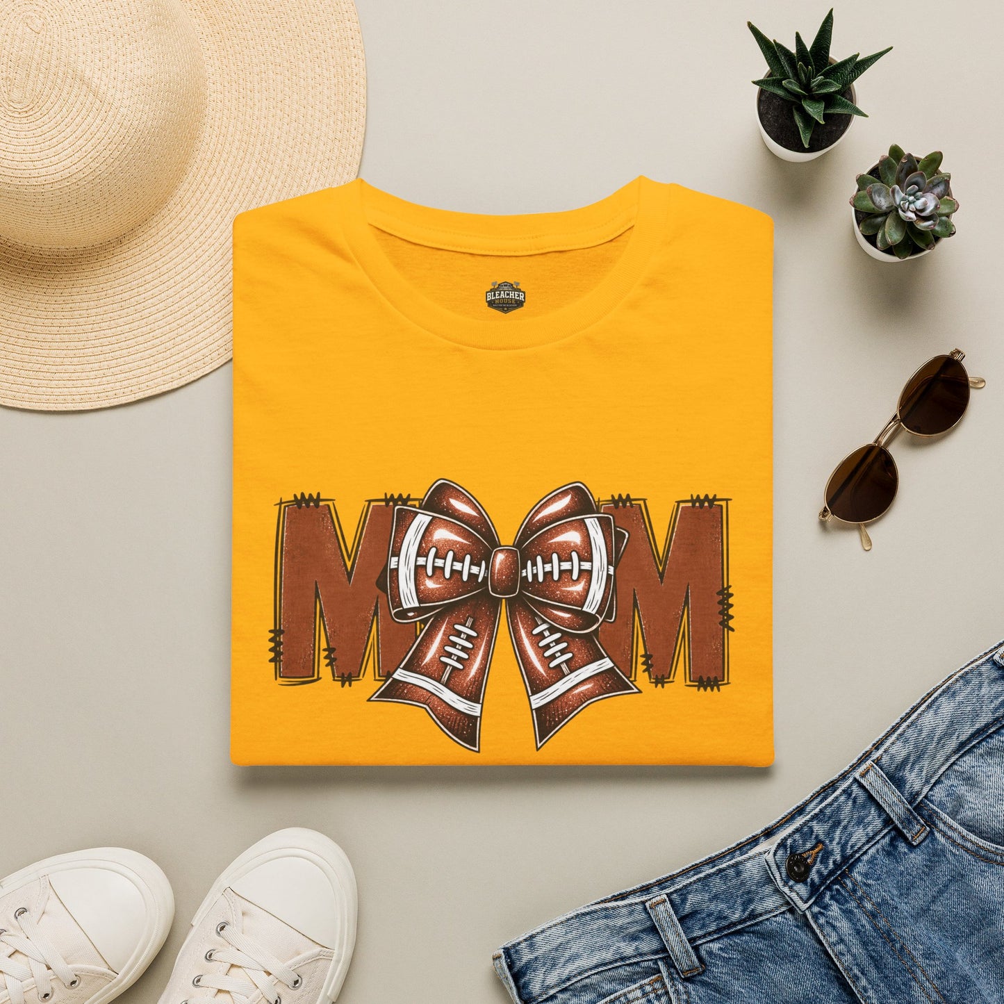 Football Mom T-Shirt — 'MOM' with Football Bow Graphic