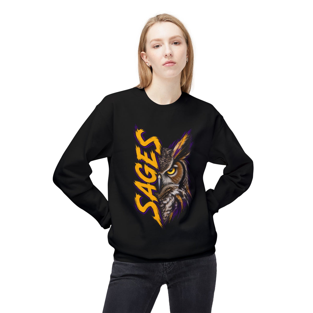 Sages Owl Crewneck Sweatshirt — Bold Vertical Mascot Design